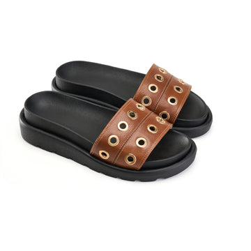 Grommet Detail Double Strap Slipper-camel