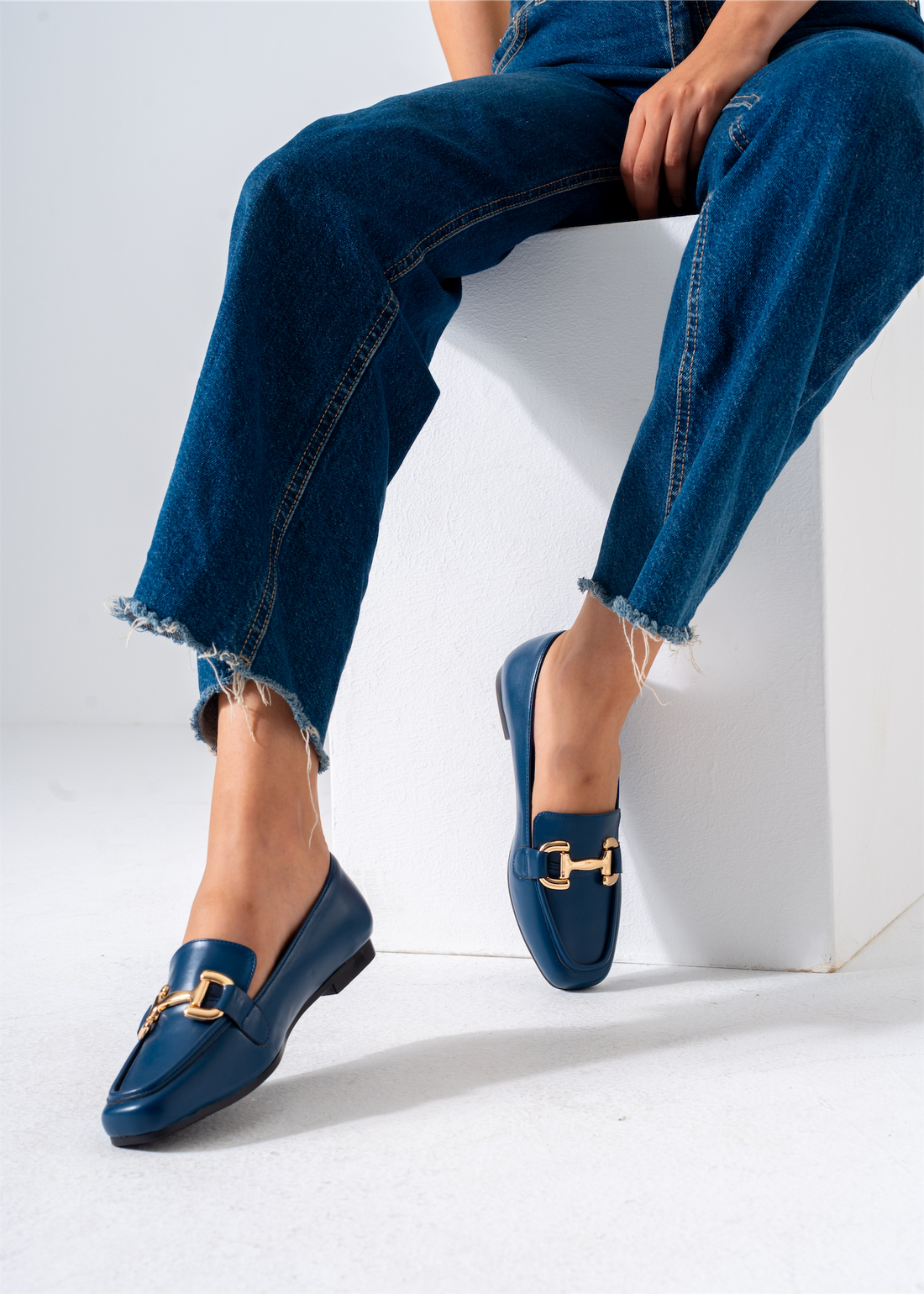 Gold Hardware Square Toe Flat-dark blue