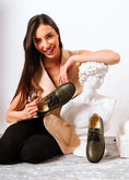 Load image into Gallery viewer, Glossy Alligator Effect Lace-Up Flat - olive