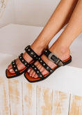Load image into Gallery viewer, Edgy Triple-Strap Studded Slides - black