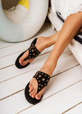 Load image into Gallery viewer, Eyelet Detail T-Strap Slides - black