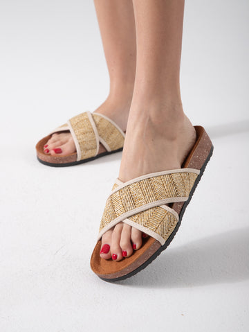 Woven Crisscross Strap Slides - beige