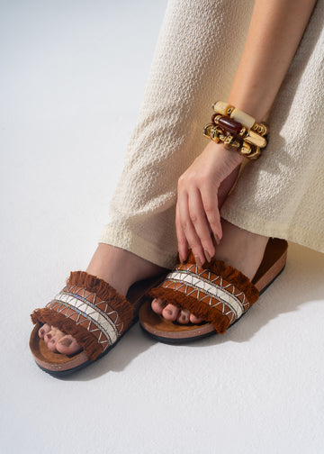 Boho Fringe Slides - CAMEL