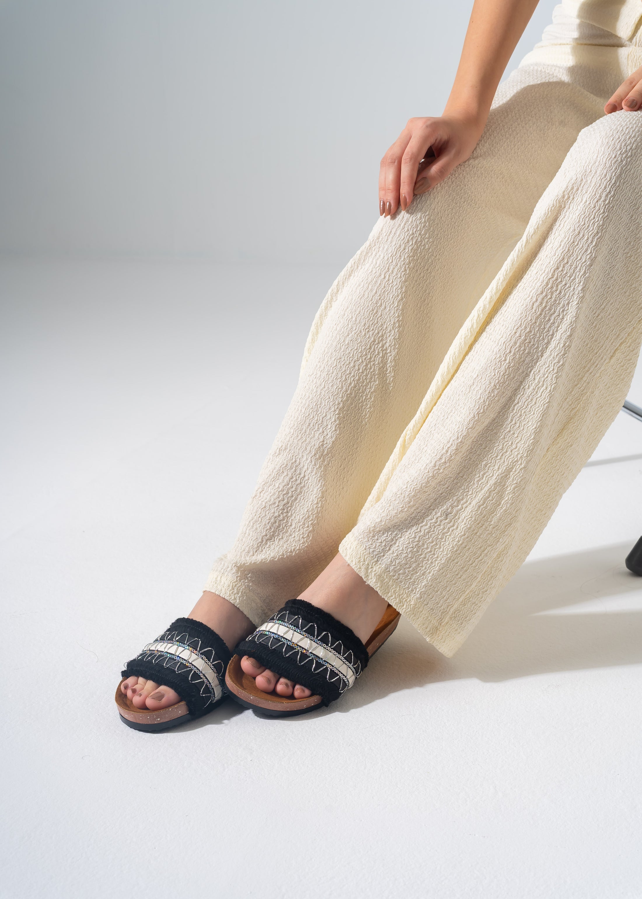 Boho Fringe Slides - BLACK