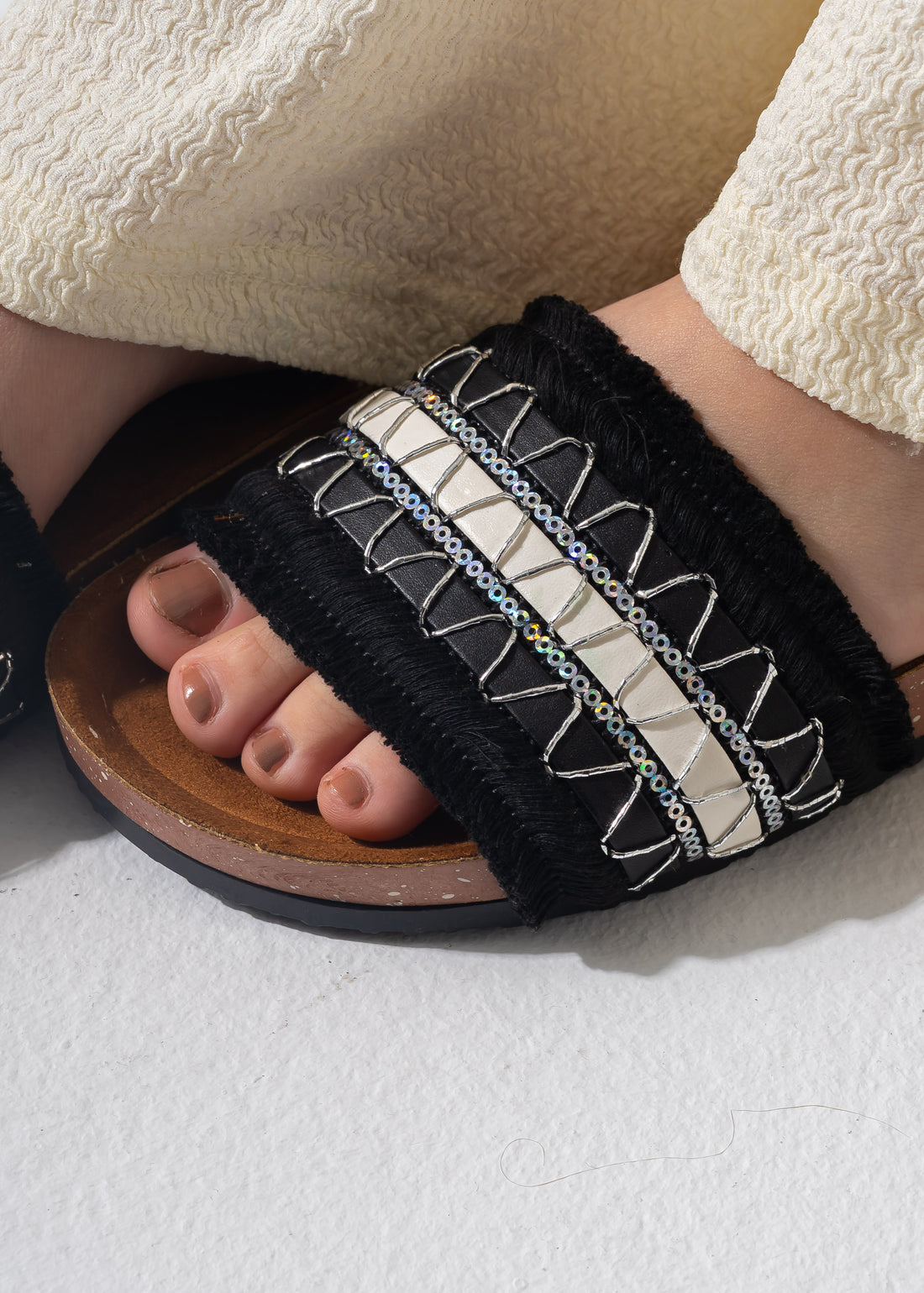 Boho Fringe Slides - BLACK