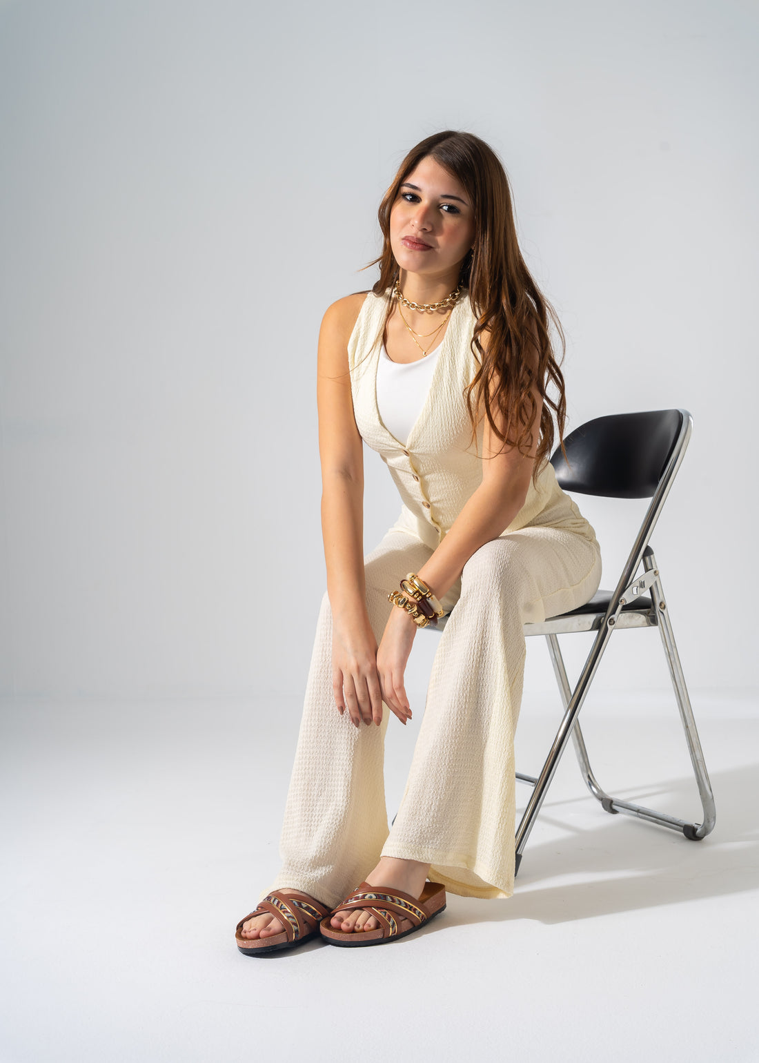 Metallic Ribbed Slides - CAMEL