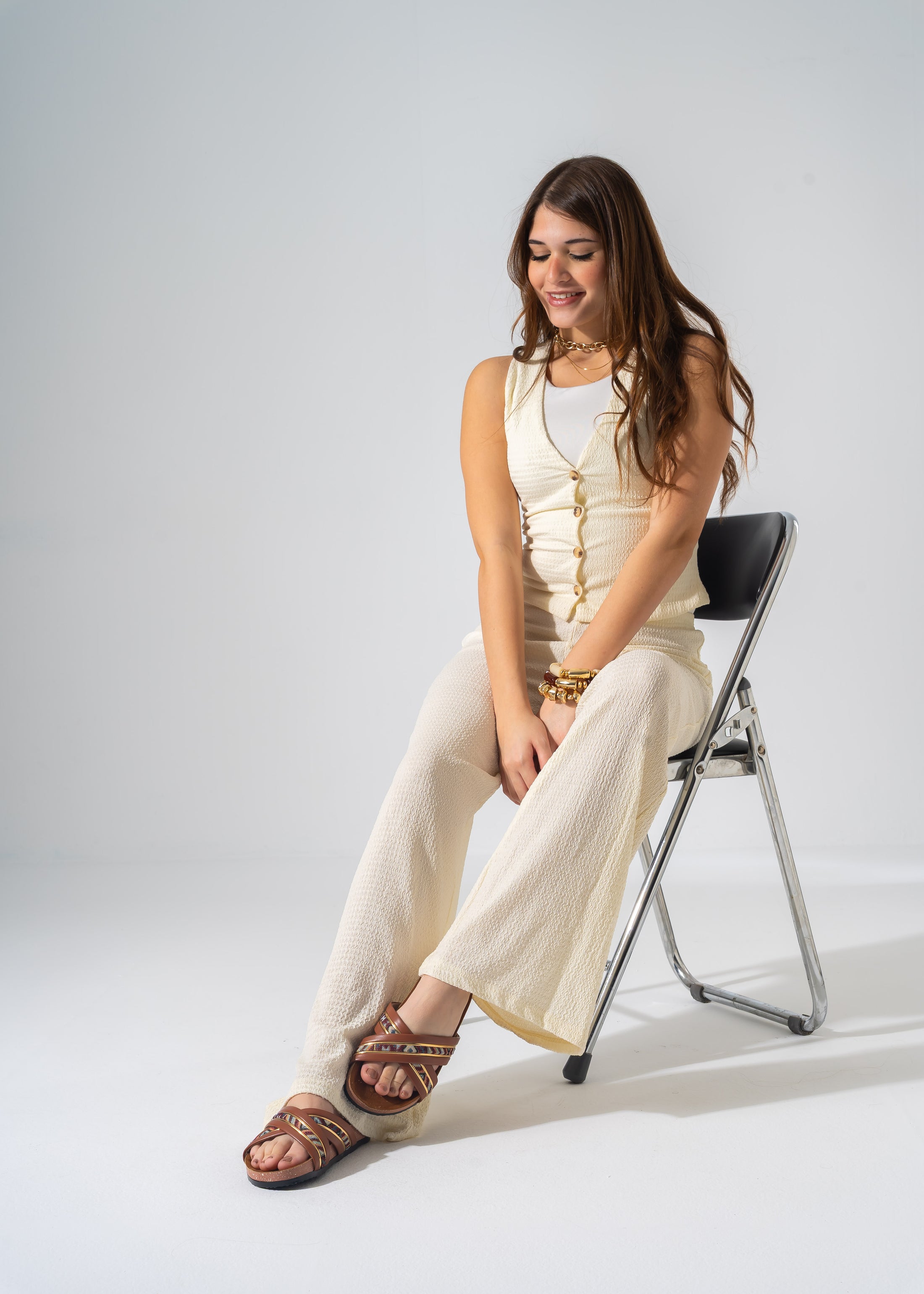 Metallic Ribbed Slides - CAMEL