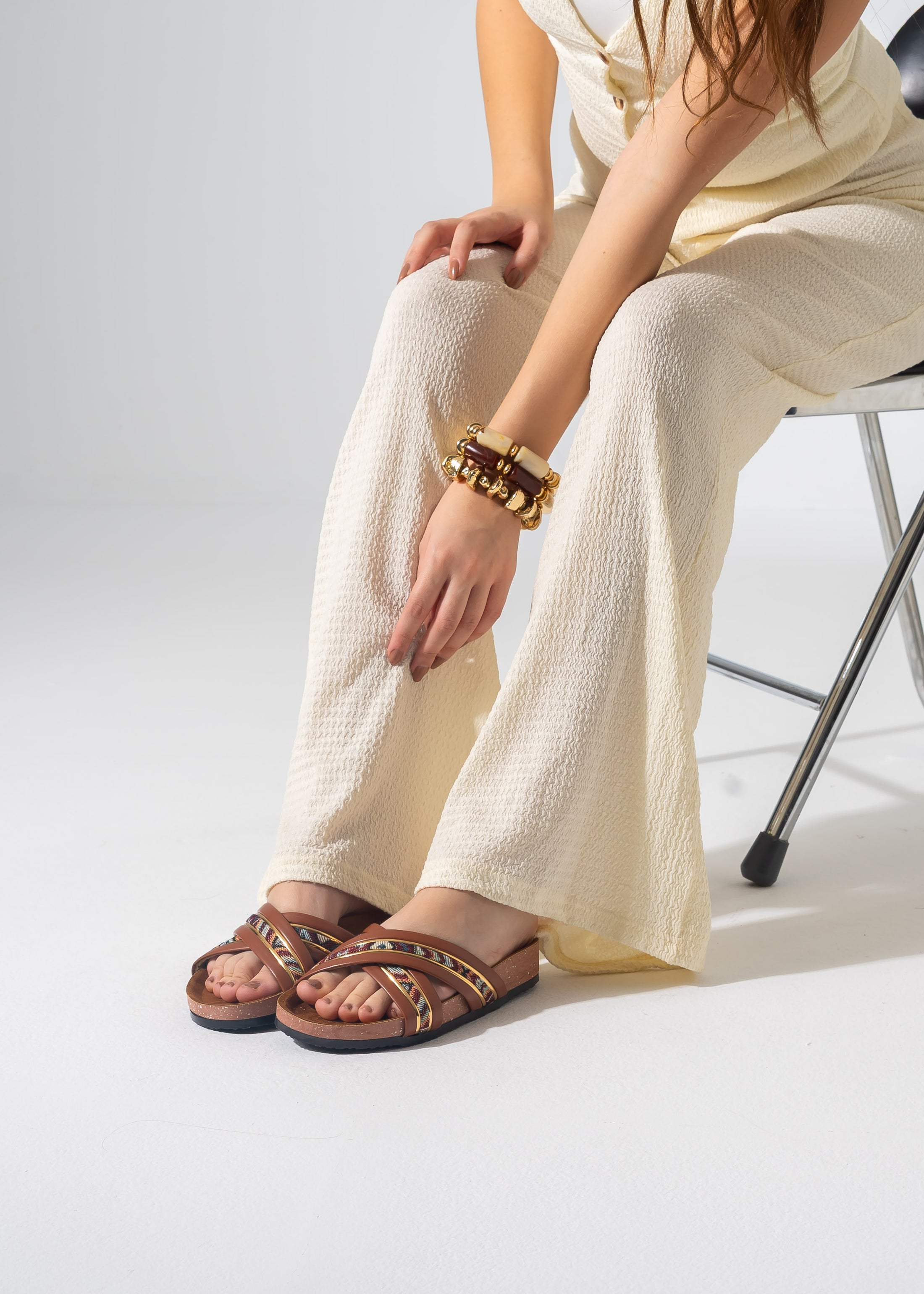 Metallic Ribbed Slides - CAMEL