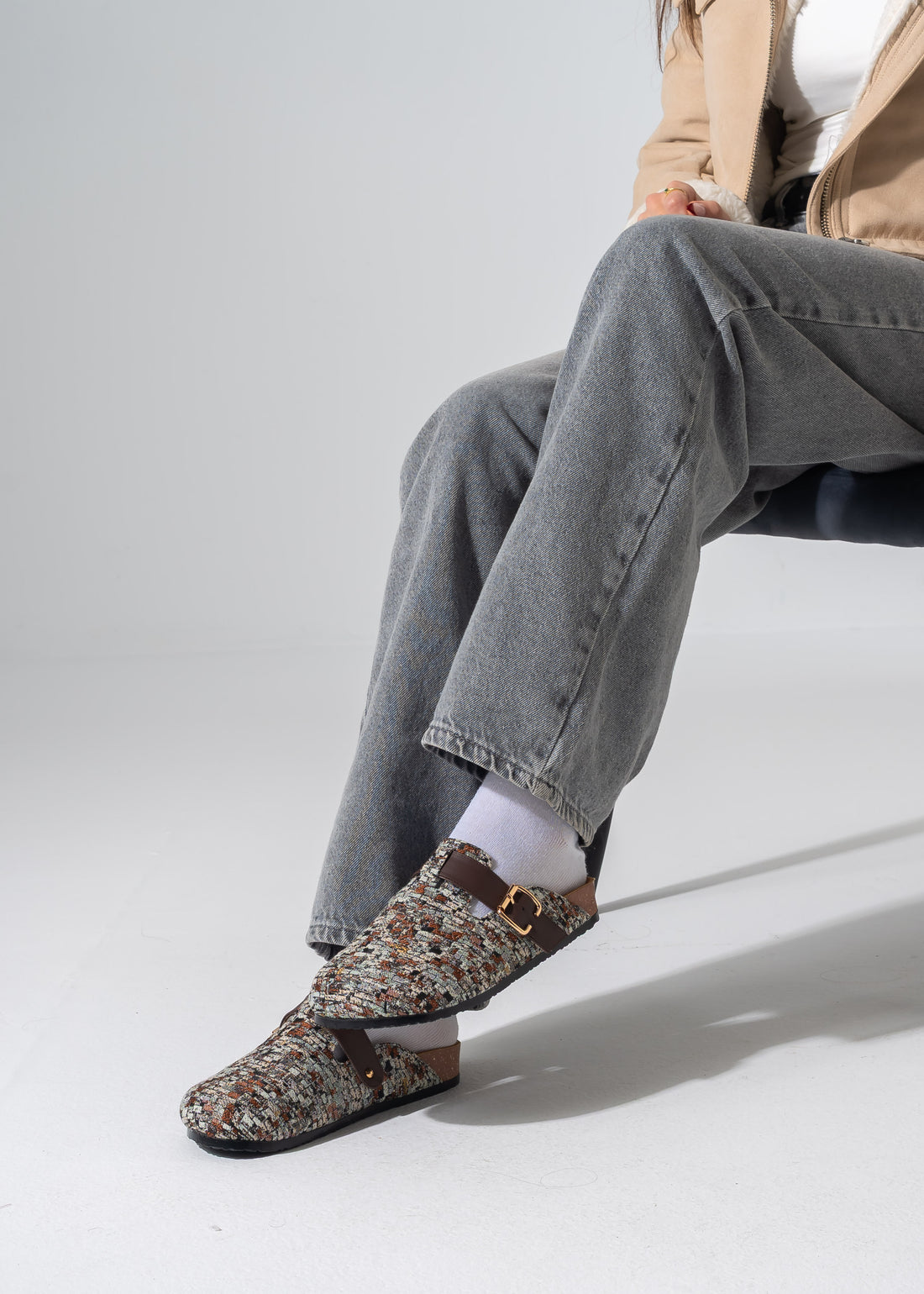 Textured Buckle Clogs - BROWN