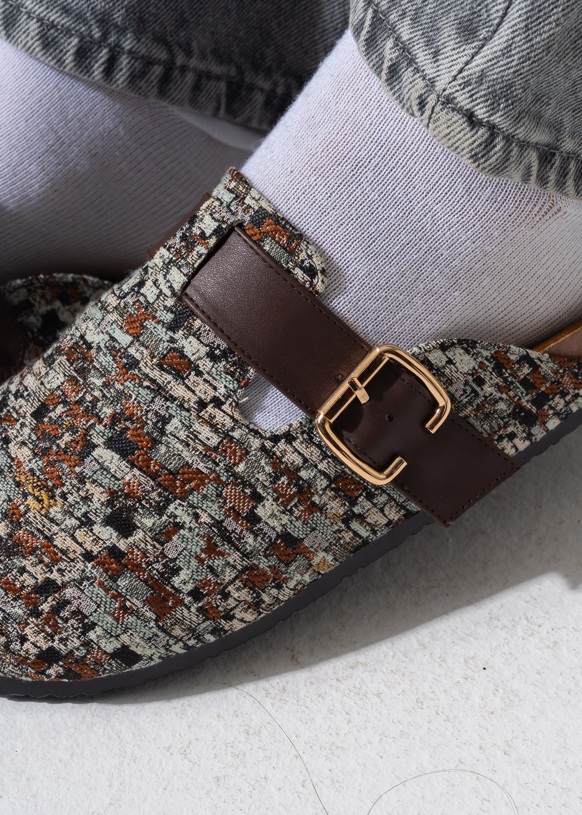 Textured Buckle Clogs - BROWN