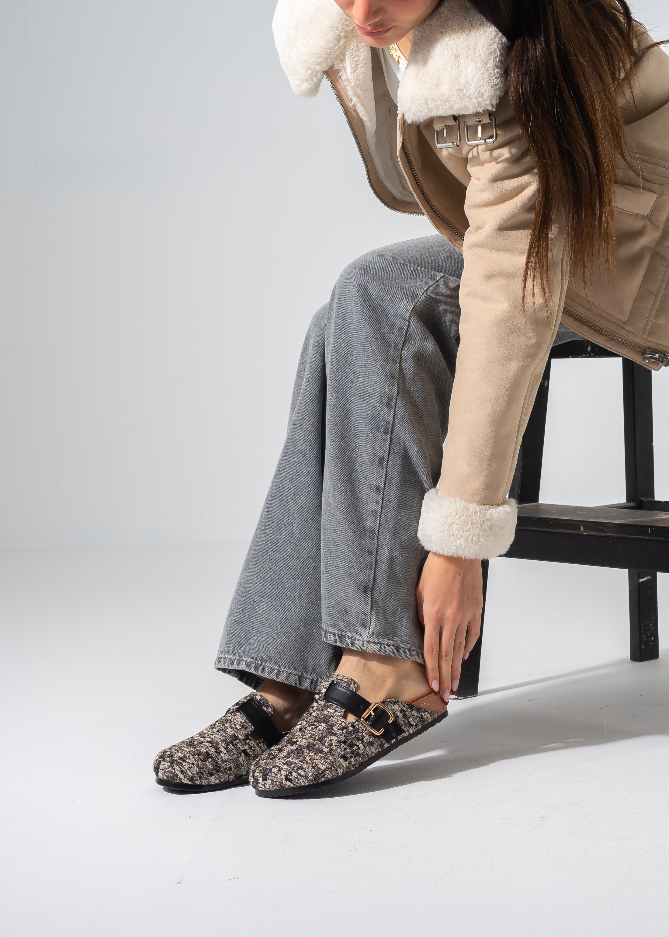 Textured Buckle Clogs - BROWN
