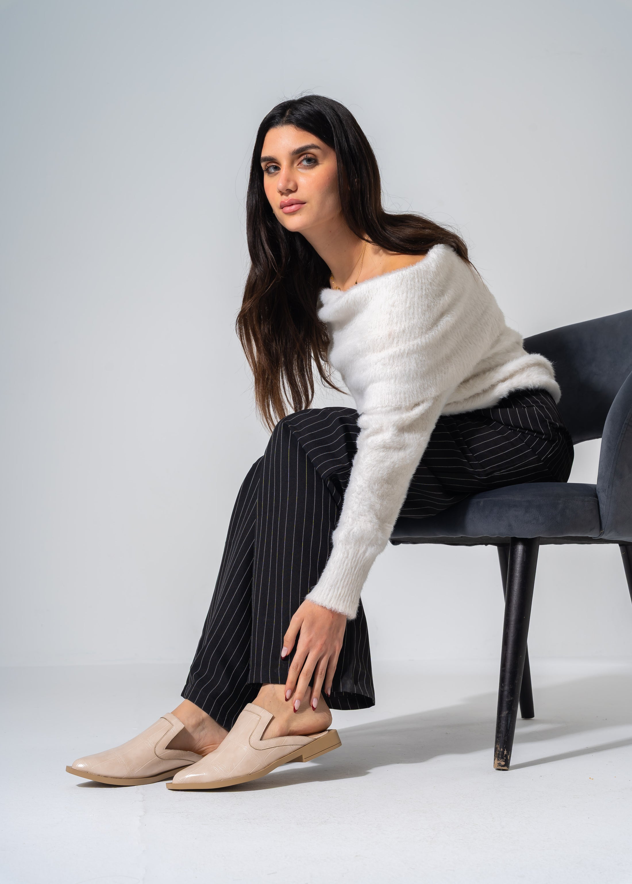 V-Cut Textured Flat Mules - BEIGE