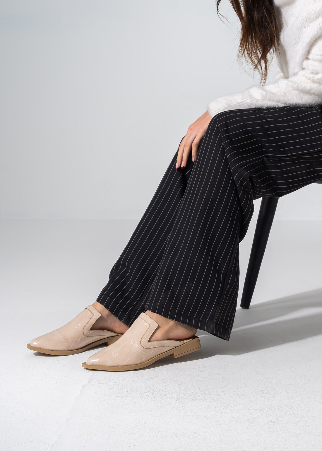 V-Cut Textured Flat Mules - BEIGE