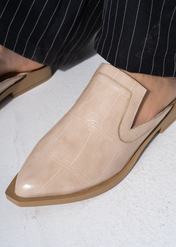 V-Cut Textured Flat Mules - BEIGE