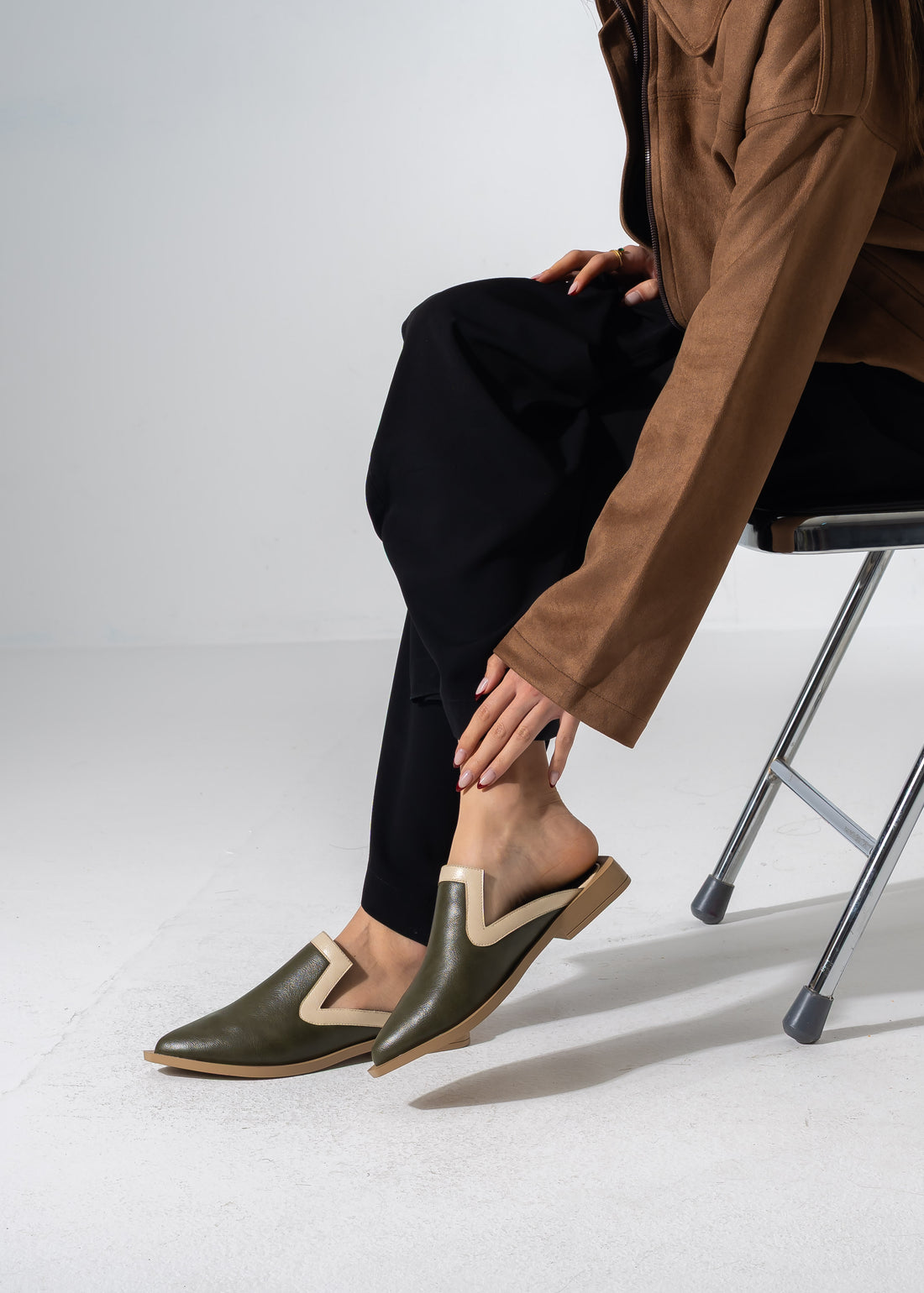 Textured Slip-on Mules - OLIVE