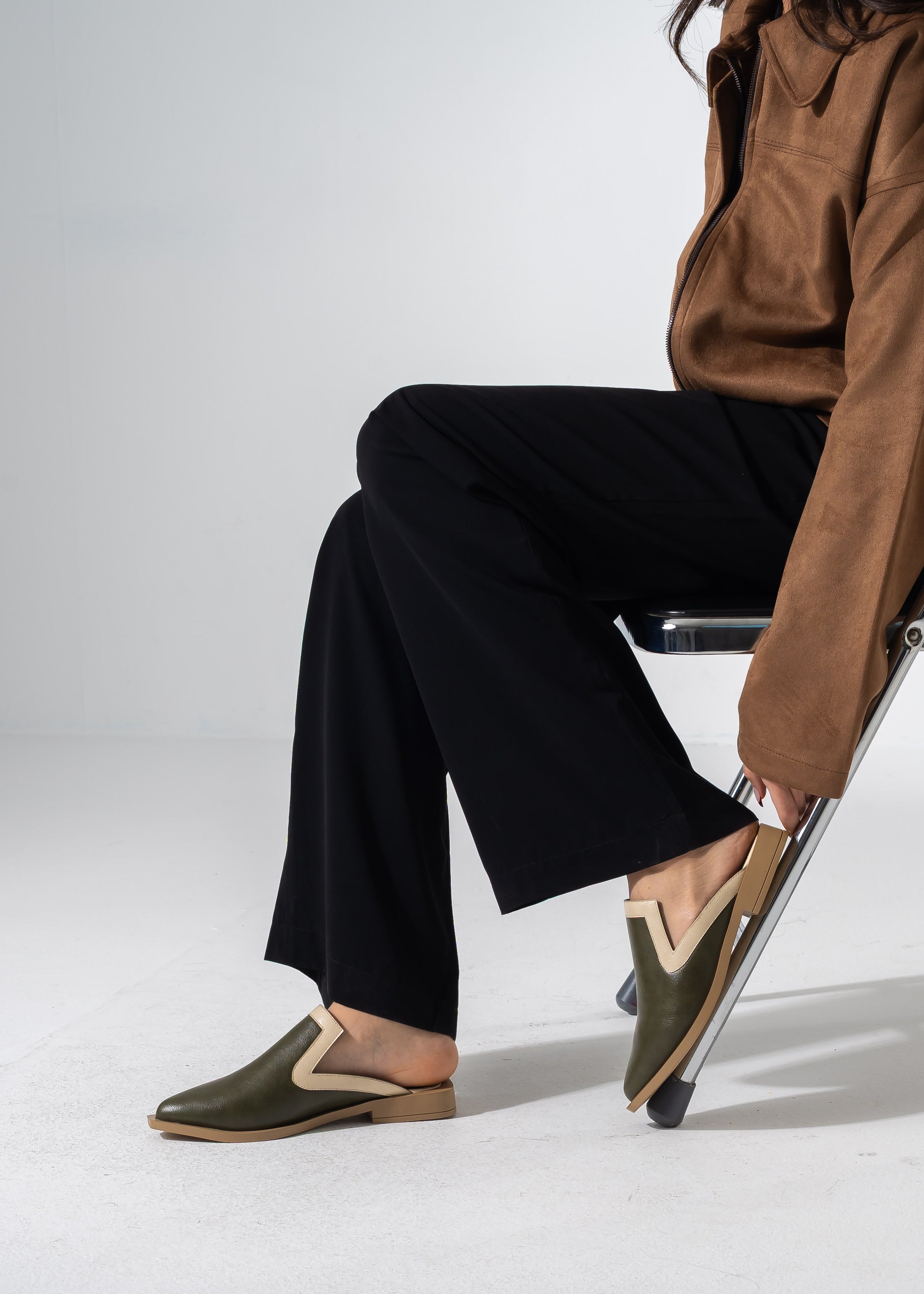 Textured Slip-on Mules - OLIVE
