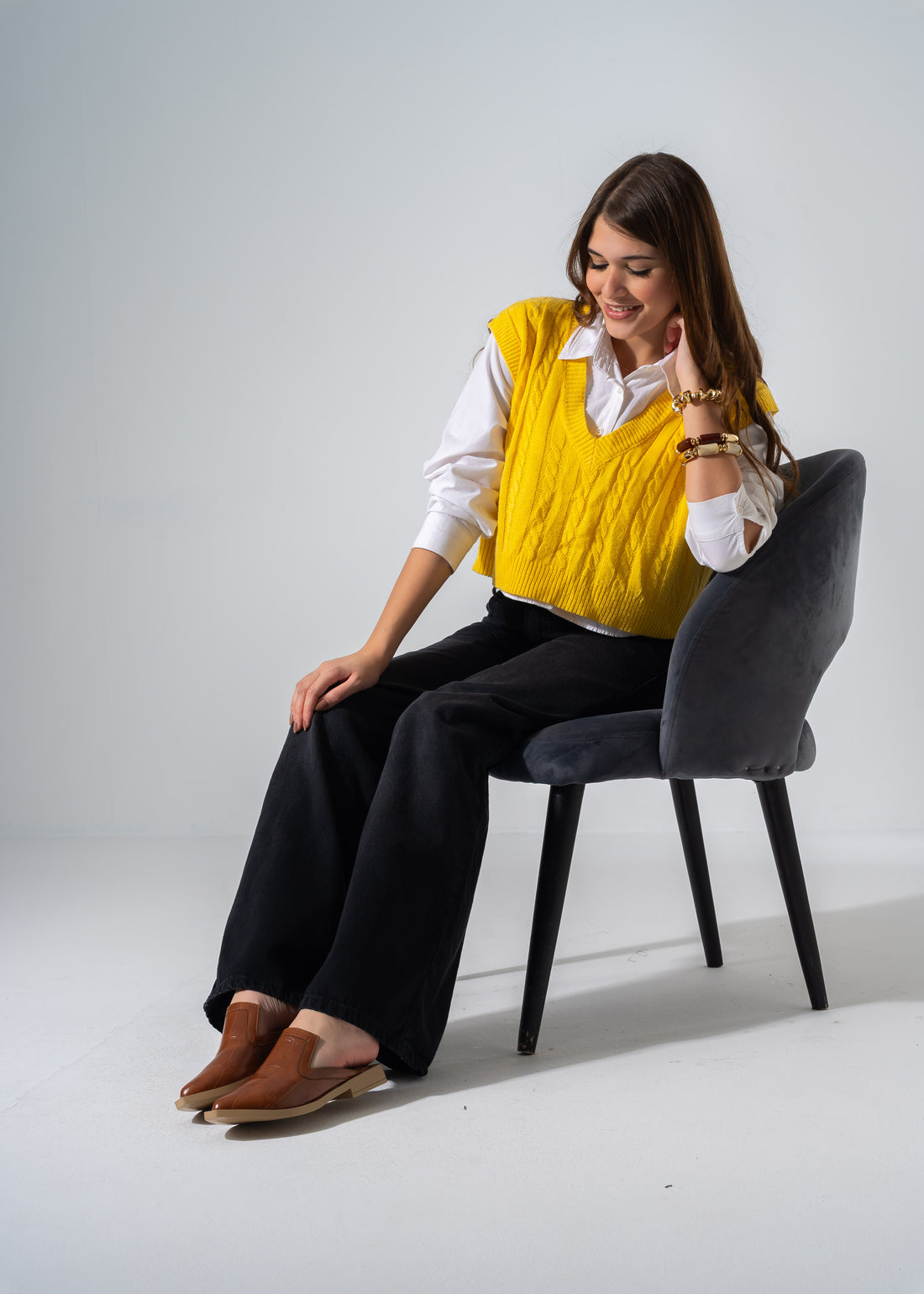 V-Cut Textured Flat Mules - CAMEL