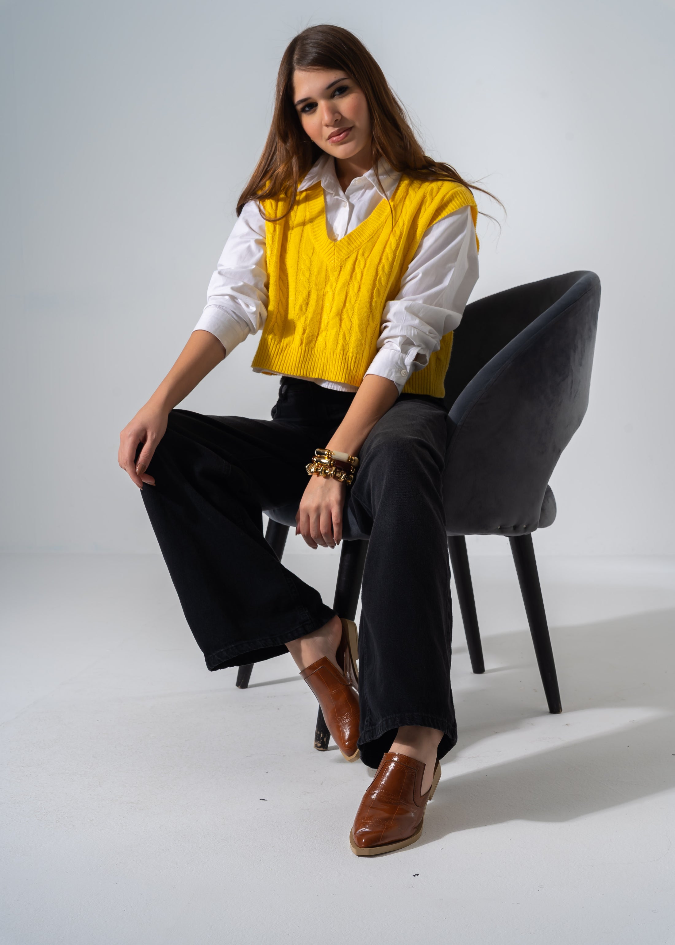 V-Cut Textured Flat Mules - CAMEL