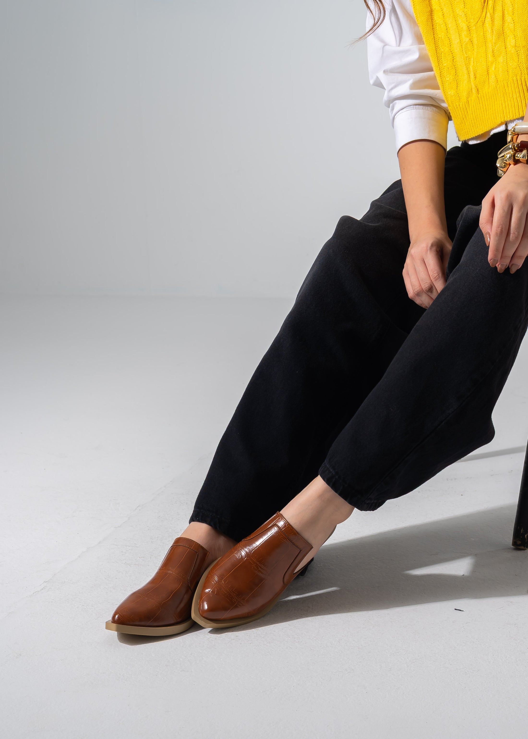 V-Cut Textured Flat Mules - CAMEL