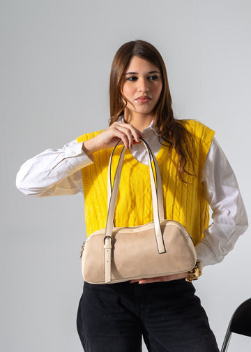 Suede-Panel Bowling Bag-beige