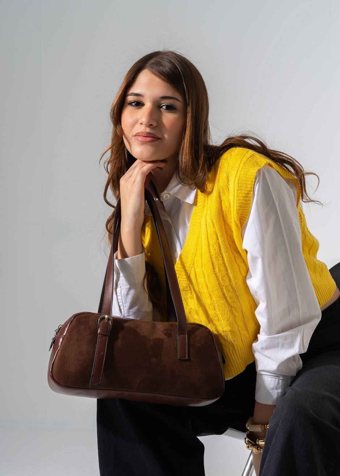 Suede-Panel Bowling Bag-brown