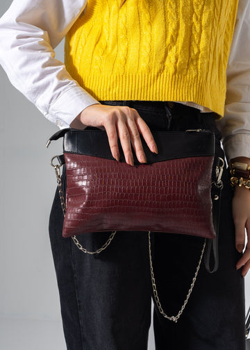 Croc-Embossed Oversized Clutch-marron