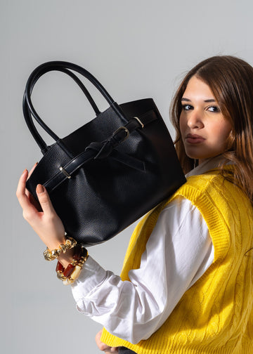 Belted Pebbled Hand Bag - black