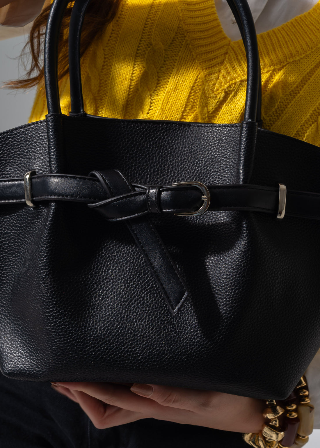 Belted Pebbled Hand Bag - black