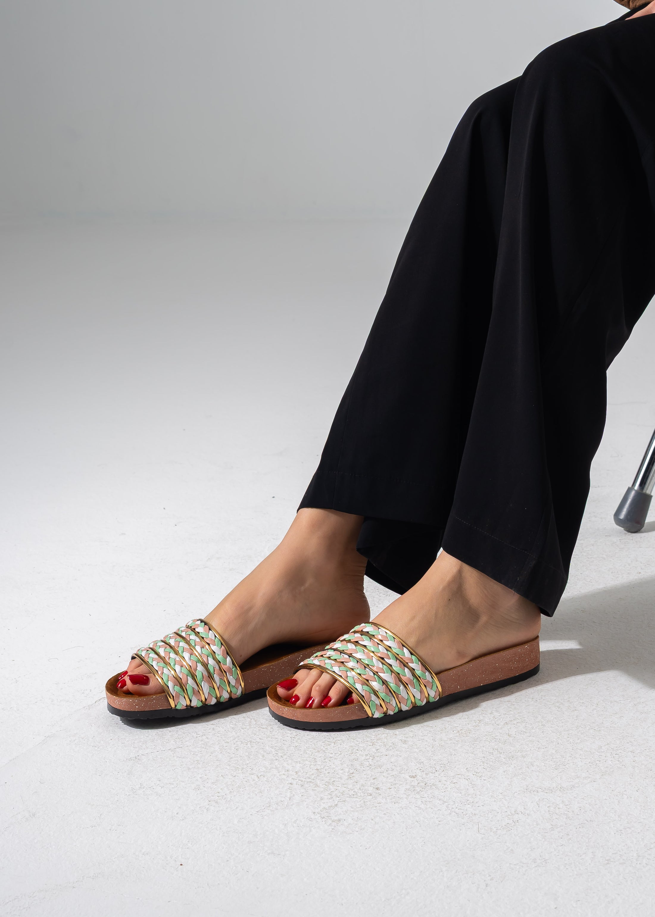 Multi-Strap Ethnic Slides - GREEN