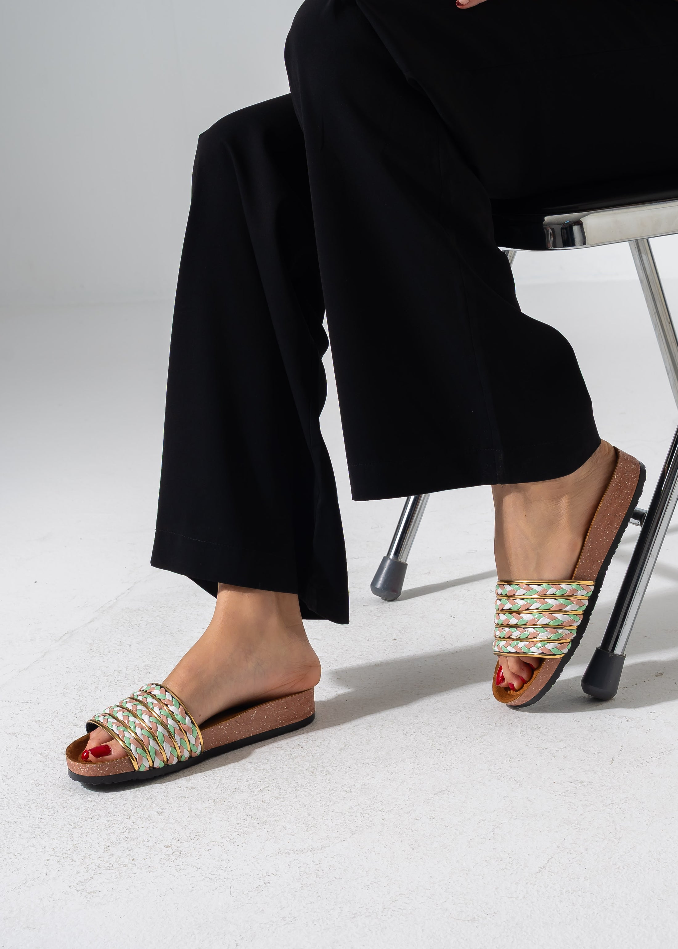 Multi-Strap Ethnic Slides - GREEN