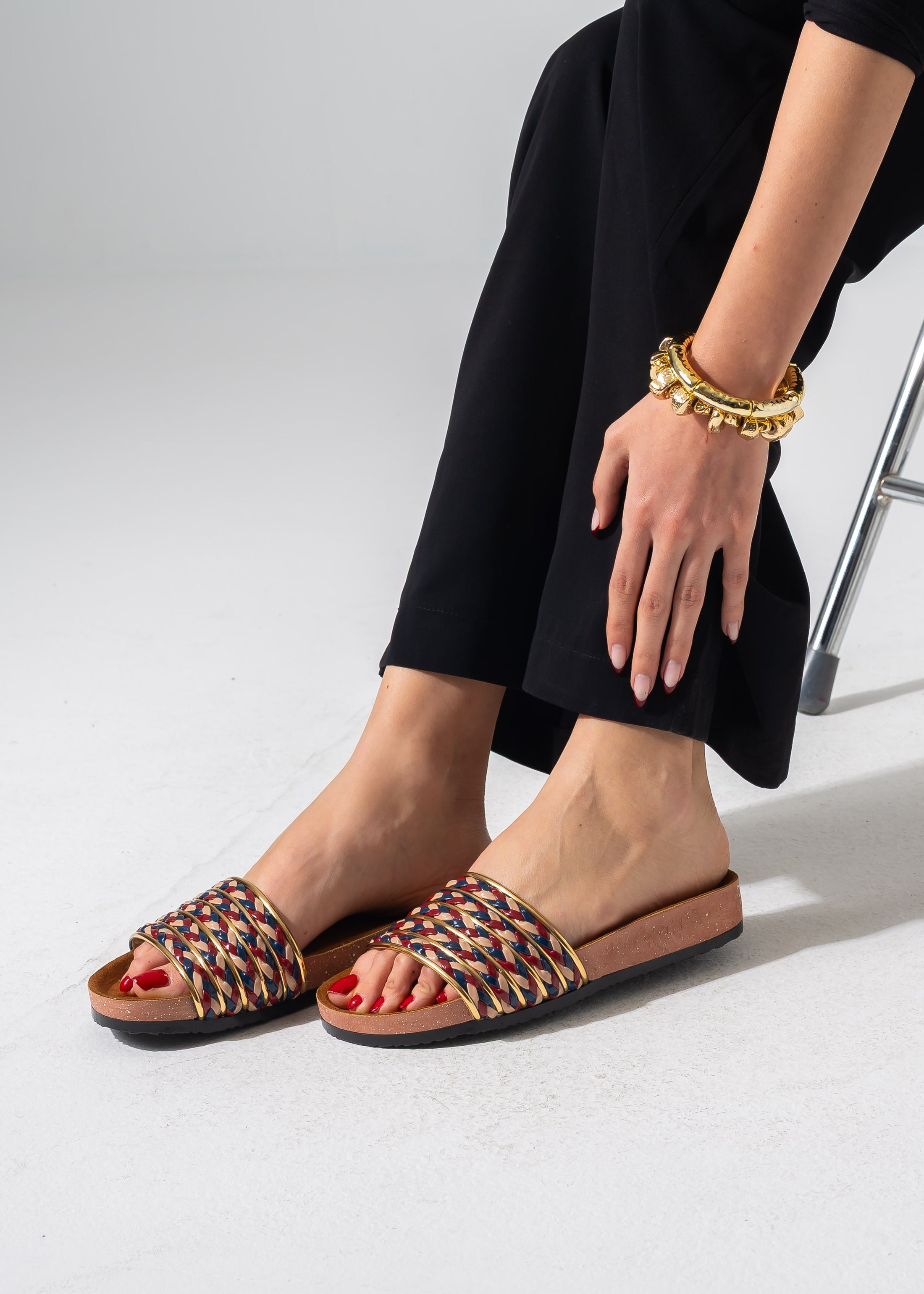 Multi-Strap Ethnic Slides - DARK BLUE