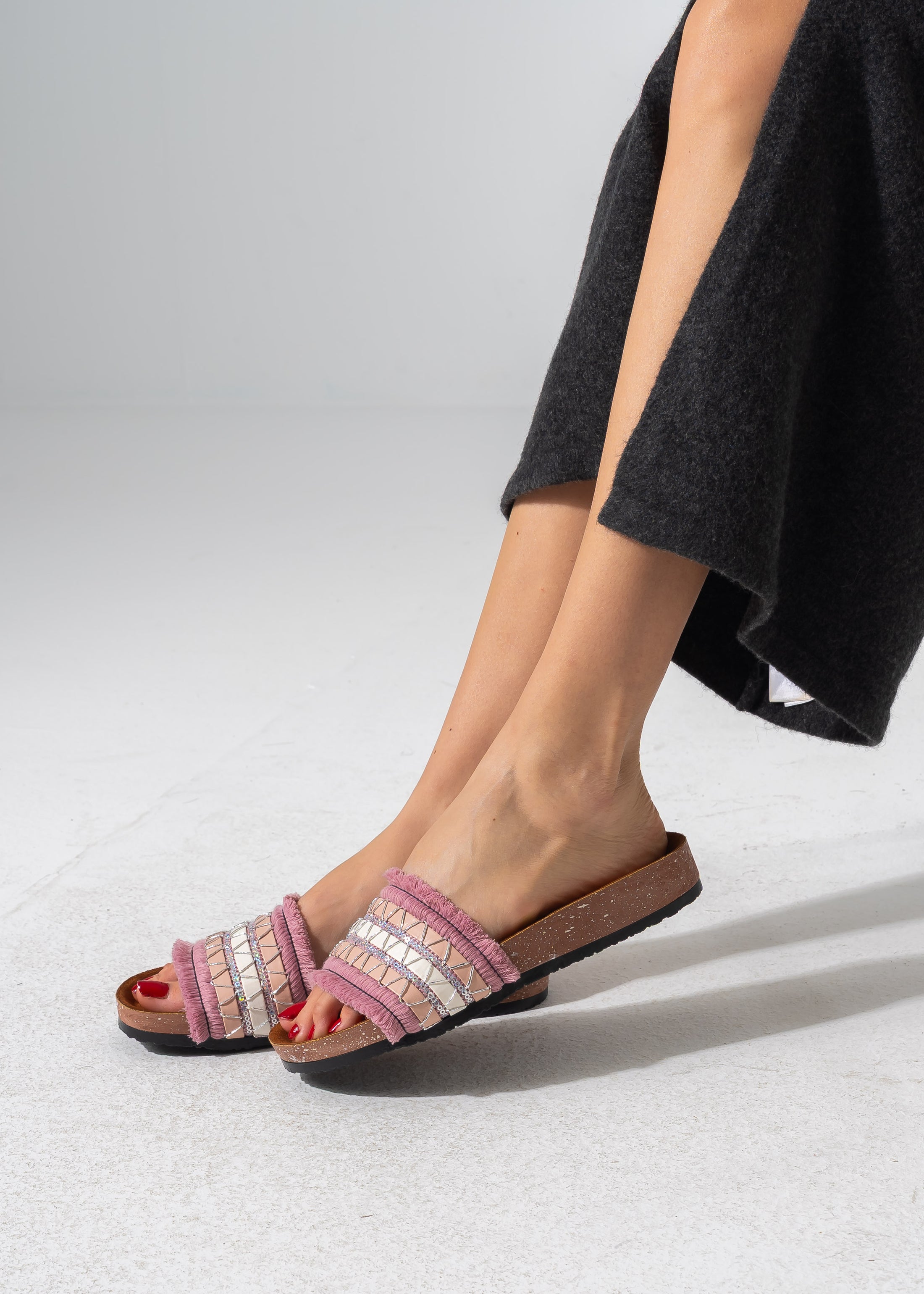 Boho Fringe Slides - PINK