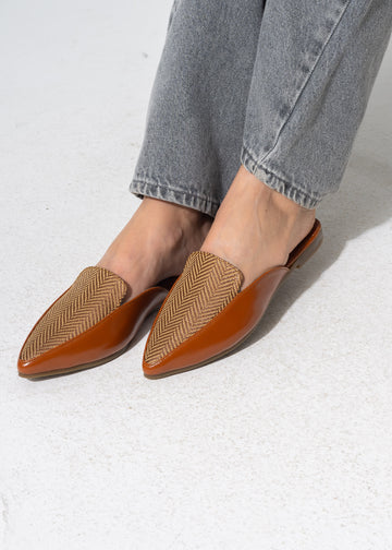 Pointed-Toe Herringbone Weave Mules - CAMEL