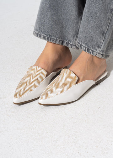 Pointed-Toe Herringbone Weave Mules - WHITE
