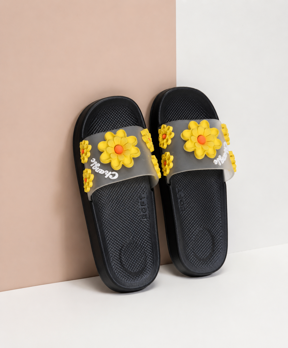 Cute Sunflower Clear-Strap Slides - black