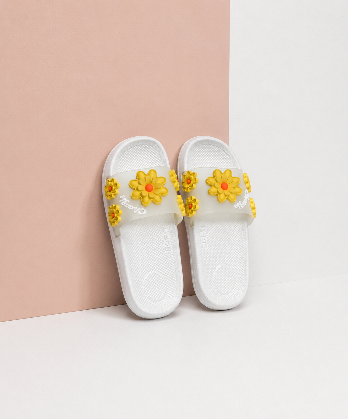 Cute Sunflower Clear-Strap Slides - white