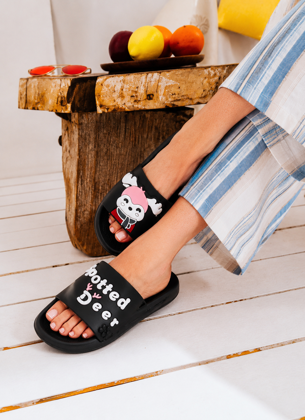 Cute Spotted Deer Comfort Slides - black