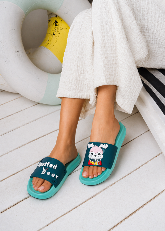 Cute Spotted Deer Comfort Slides - green