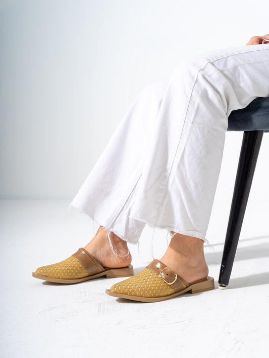 Honeycomb Textured Buckle Mules-CAFE