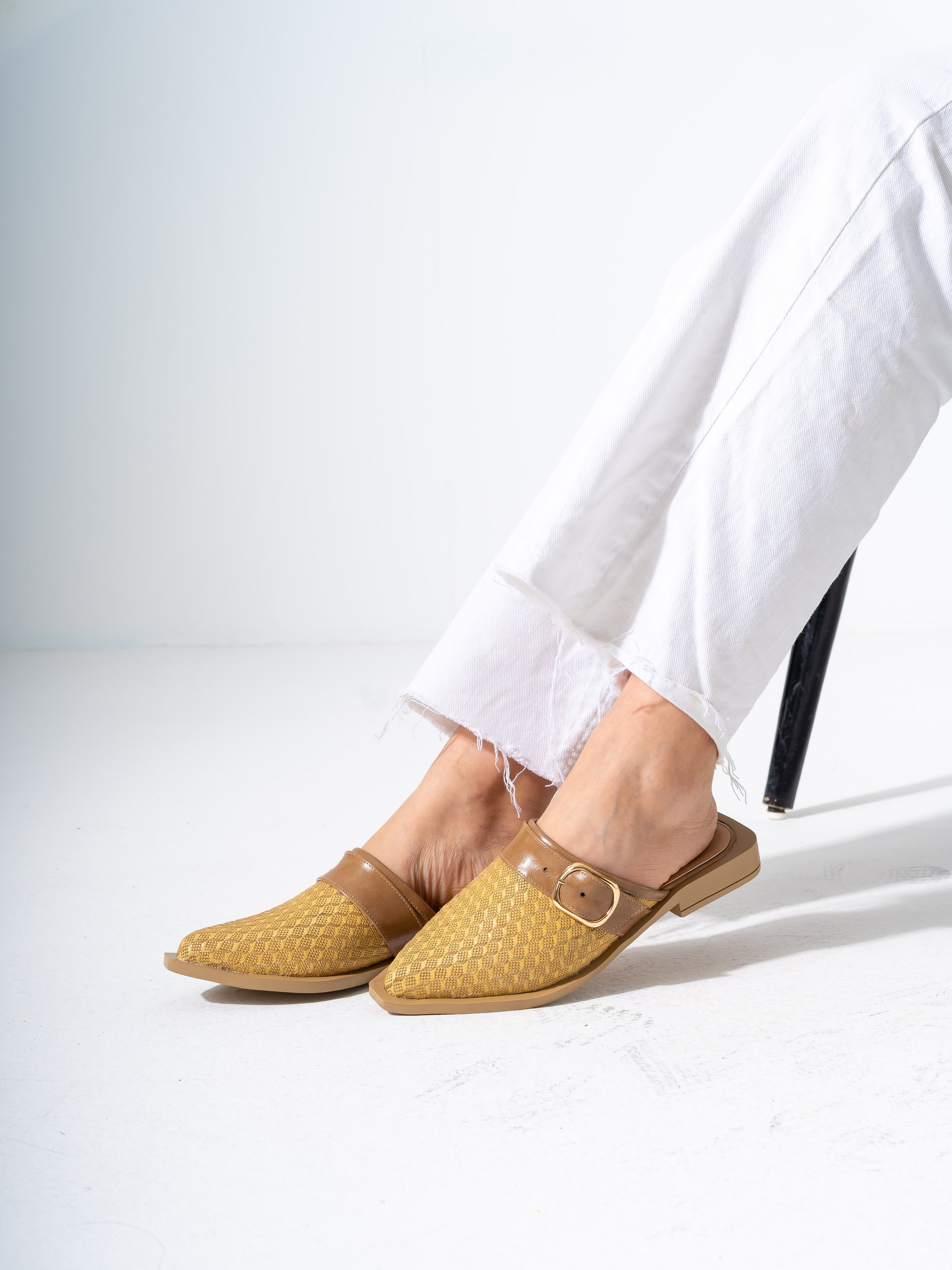 Honeycomb Textured Buckle Mules-CAFE