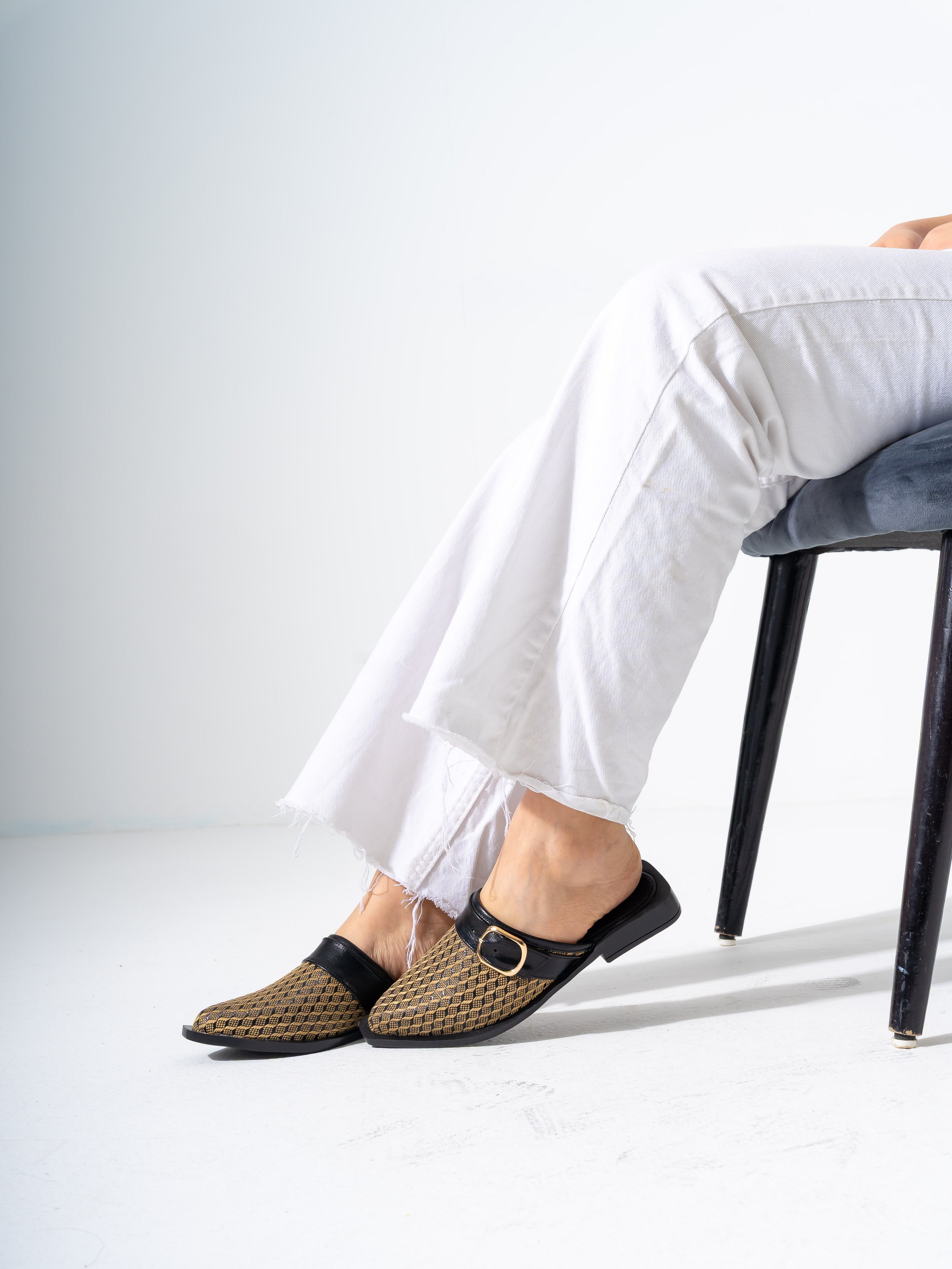 Honeycomb Textured Buckle Mules-BLACK