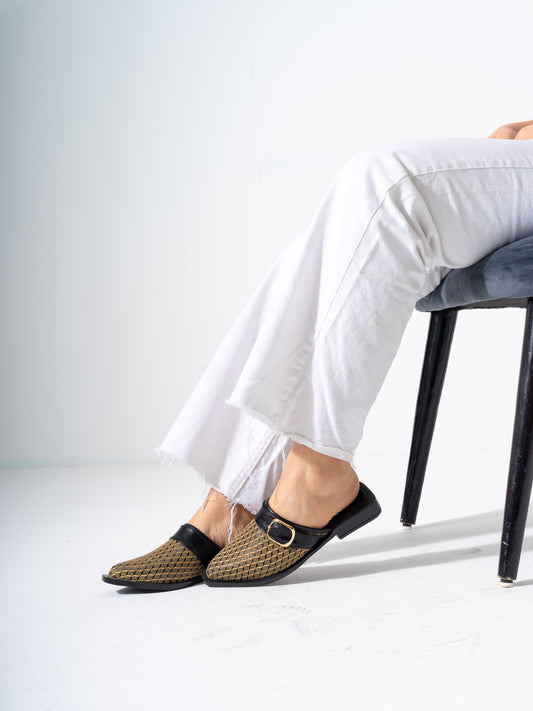 Honeycomb Textured Buckle Mules-BLACK