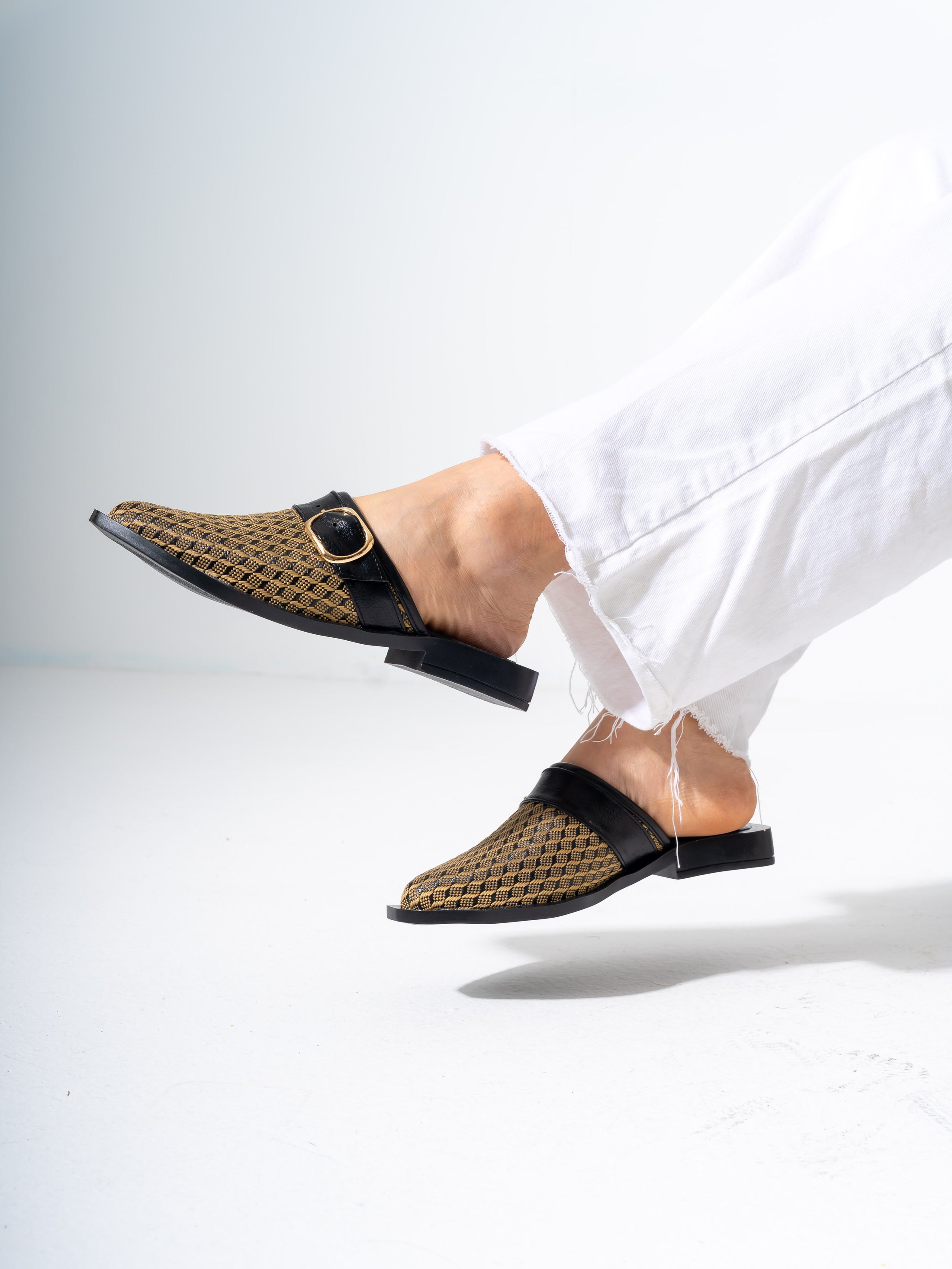 Honeycomb Textured Buckle Mules-BLACK