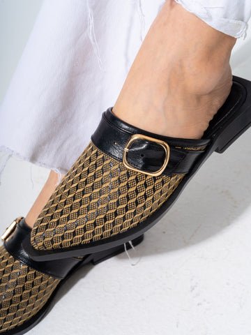 Honeycomb Textured Buckle Mules-BLACK