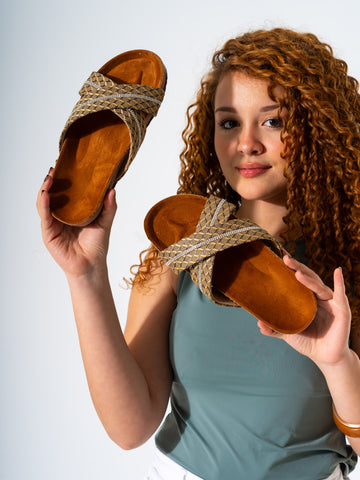 Rhinestone Woven Slides - BROWN