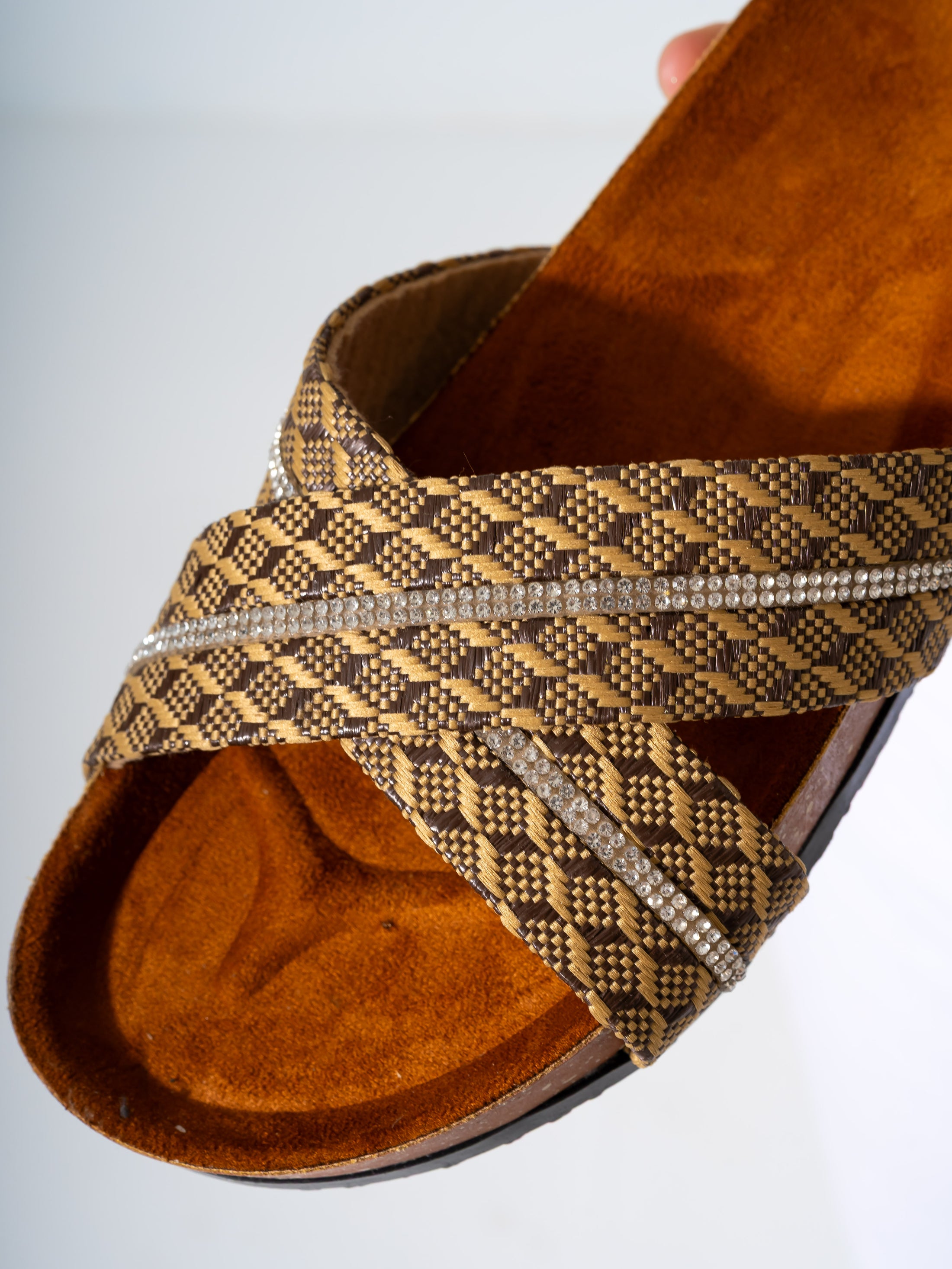 Rhinestone Woven Slides - BROWN