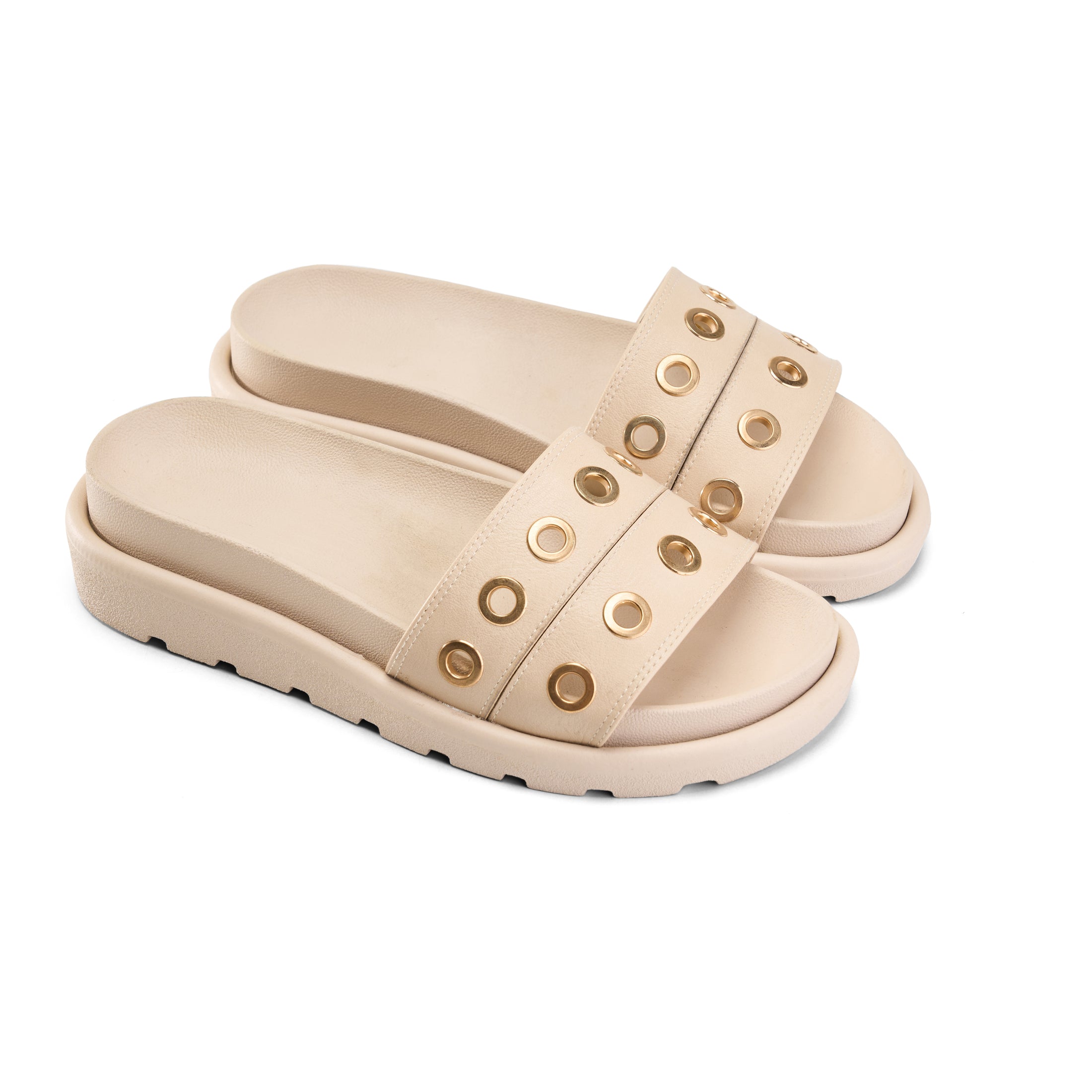 Grommet Detail Double Strap Slipper -BEIGE