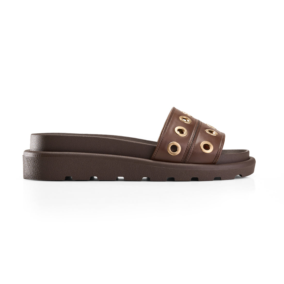 Grommet Detail Double Strap Slipper -brown