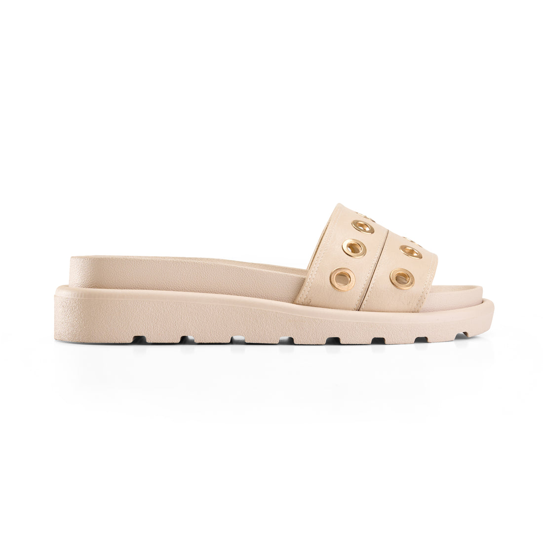 Grommet Detail Double Strap Slipper -BEIGE
