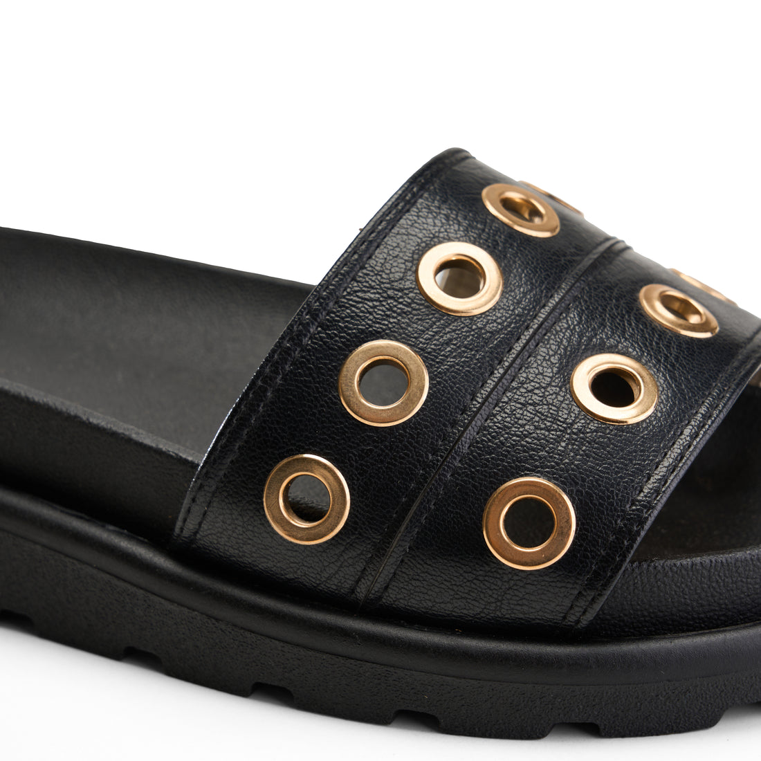 Grommet Detail Double Strap Slipper -BLACK